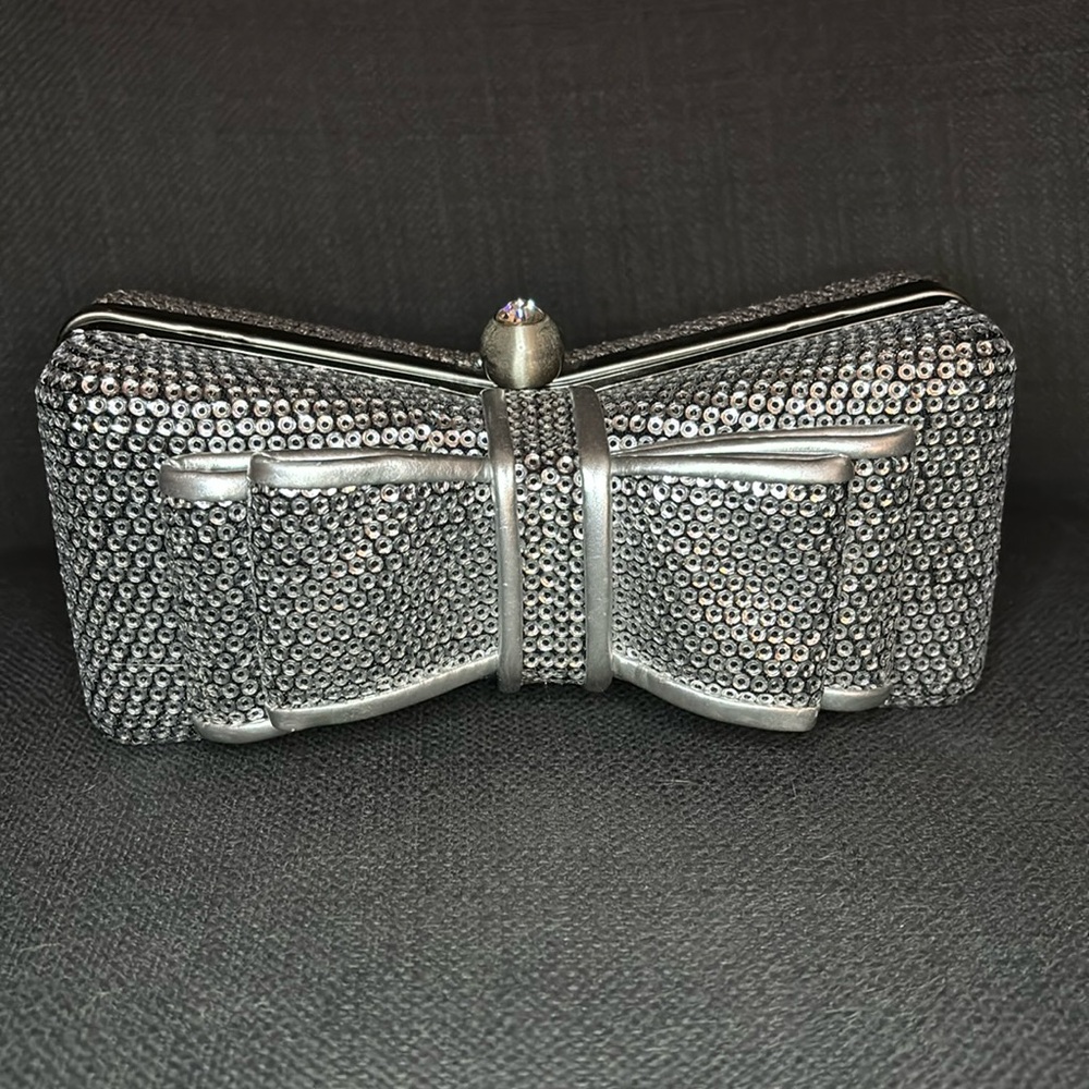 LULU TOWNSEND Silver Sequin Bow Clutch
